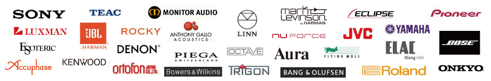 Accuphase / Anthoy Gallo / Aura / BOSE / DENON / ECLIPSE / ELAC / ESOTERIC / FLYING MOLE / JBL / KENWOOD / LINN / LUXMAN / Mark Levinson / MONITOR AUDIO / Nuforce / OCTAVE / ONKYO / ortofon / PIEGA / Pioneer / QUAD / Roland / Sony / TEAC / Trigon / Victor / YAMAHA